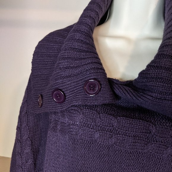 Focus 2000 Purple Cable Knit with Fringe Cowl Neck Cape - Picture 3 of 3